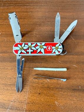 Victorinox Red Floral Swiss Army Knife with Multiple Tools